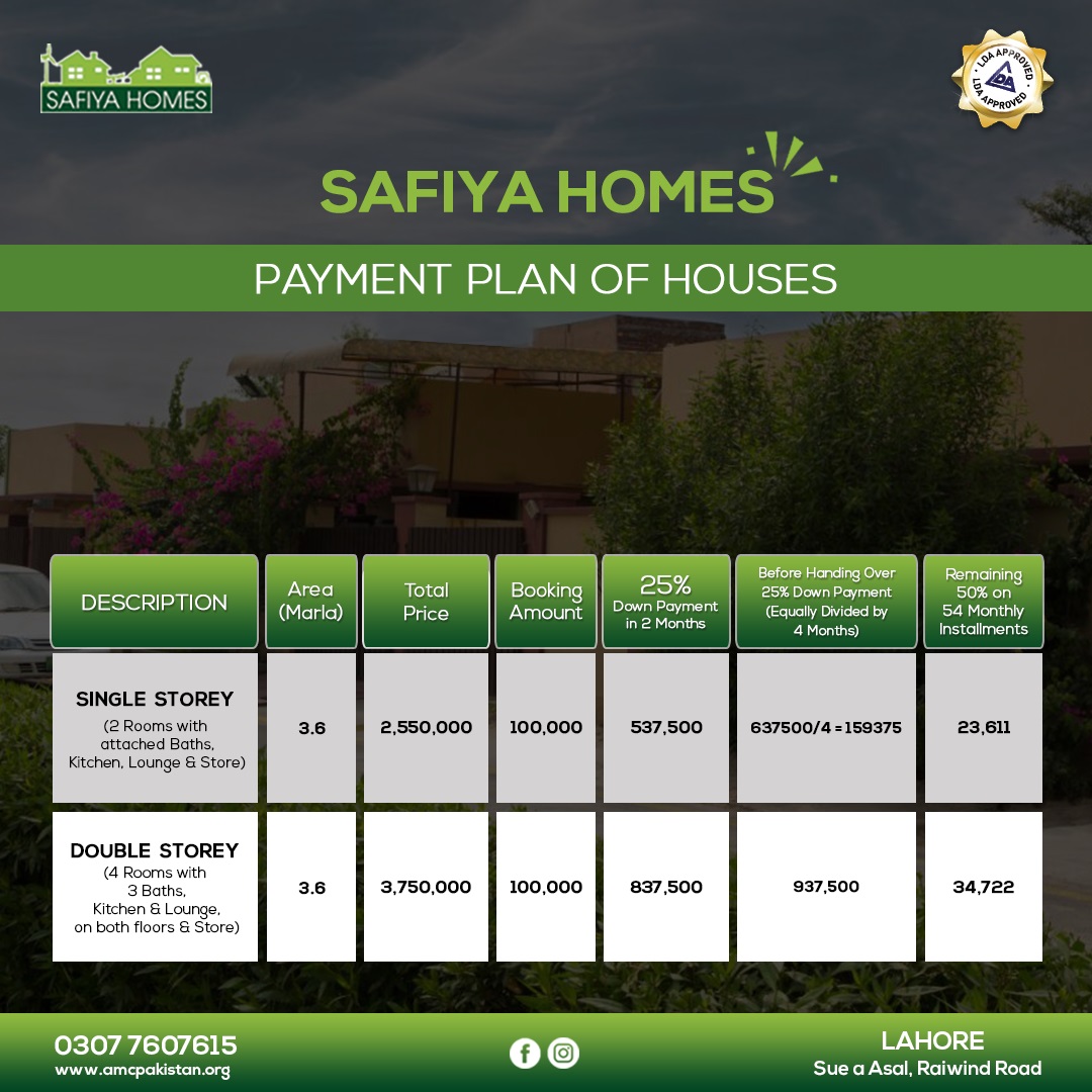 Safiya Homes Lahore Payment Plan