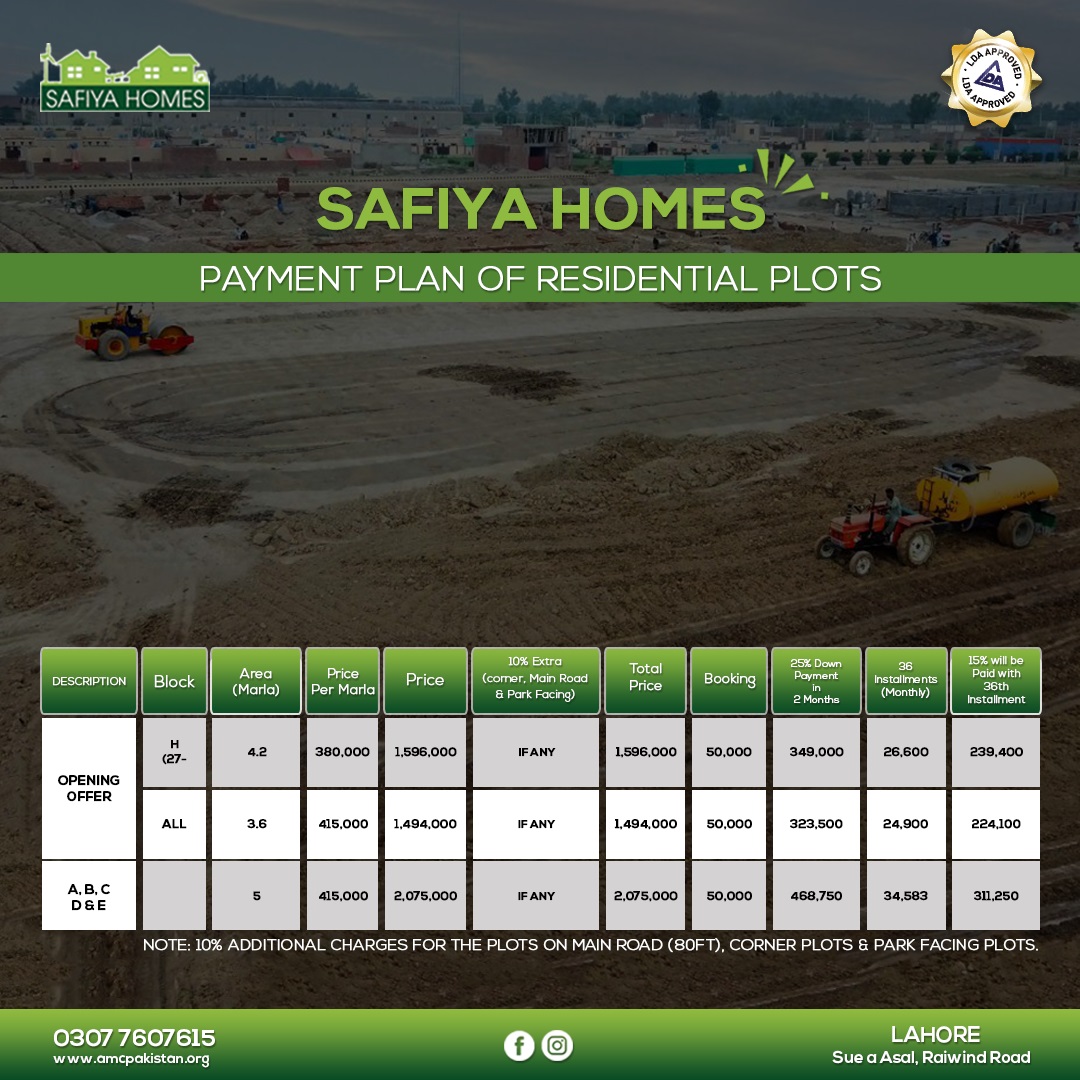 Safiya Homes Lahore Payment Plan